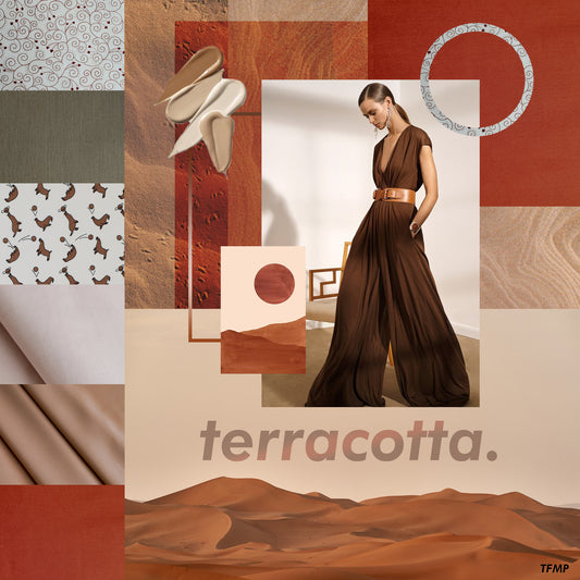 Terracotta curated fabric collection featuring brown and earth tone silk fabrics, poplin fabrics and satin fabrics