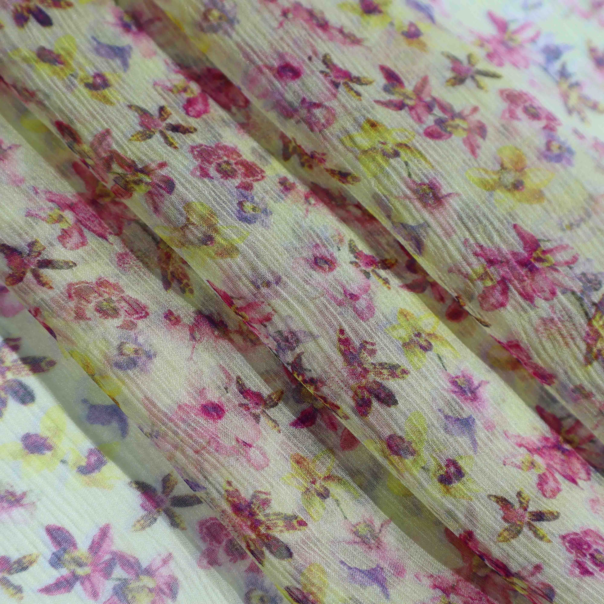 An European-made super lightweight silk chiffon with vintage Floral de minute prints. This fabric has a dry, smooth hand feel yet softens considerably after washing.