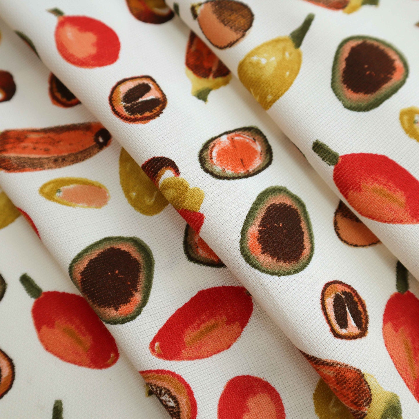 Lightweight Ottoman fabric with fun and interesting fruit prints that brings tropical vibes to you. This fabric is soft to touch, very comfortable, and is a little textured due to weaving of the fabric.