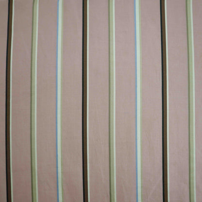 A Lightweight pink poplin fabric with stripes of brown and blue. This fabric is made with cotton, making it breathable and soft to touch.