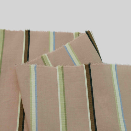 A Lightweight pink poplin fabric with stripes of brown and blue. This fabric is made with cotton, making it breathable and soft to touch.